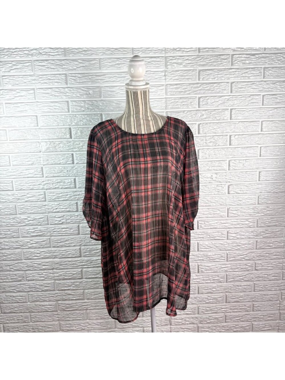 Torrid Sheer Chiffon Lurex Blouse Red Black Plaid Plus Size 4